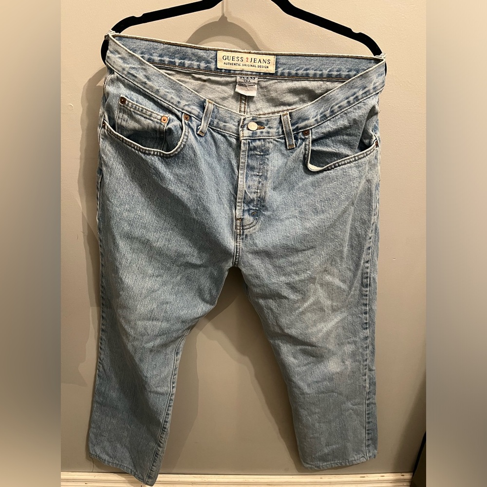 Guess blue jeans multiple button up no zipper baggy leg size 36